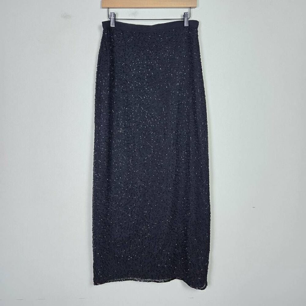Vintage J Kara Womens Beaded Maxi Skirt Sz 10 Black Lined Fairy Whimsigoth Glam